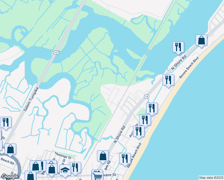 map of restaurants, bars, coffee shops, grocery stores, and more near 4 Putnam Road in Revere