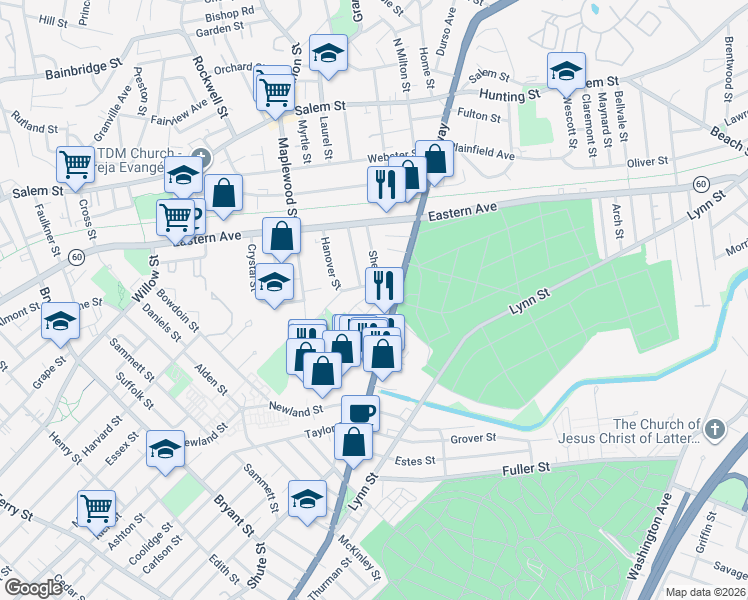 map of restaurants, bars, coffee shops, grocery stores, and more near 126 Broadway in Malden