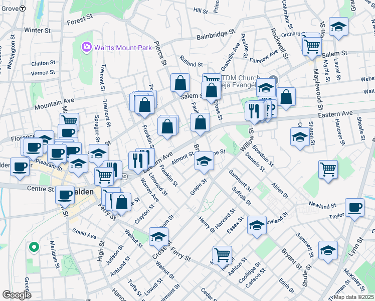 map of restaurants, bars, coffee shops, grocery stores, and more near 67 Almont Street in Malden