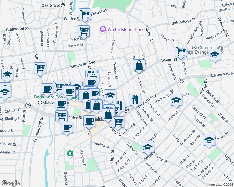 map of restaurants, bars, coffee shops, grocery stores, and more near 14 Holden Street in Malden