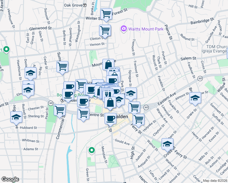 map of restaurants, bars, coffee shops, grocery stores, and more near 513 Pleasant Street in Malden