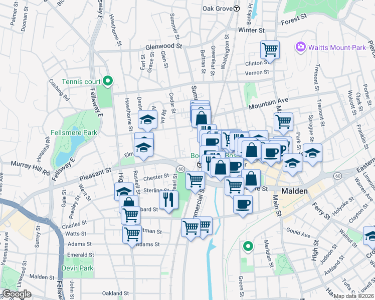 map of restaurants, bars, coffee shops, grocery stores, and more near 339 Pleasant Street in Malden