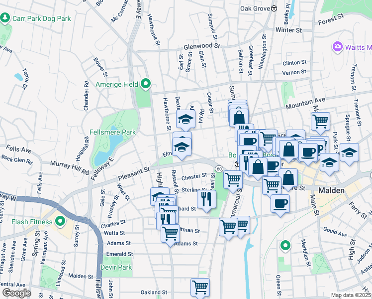 map of restaurants, bars, coffee shops, grocery stores, and more near 401 Pleasant Street in Malden
