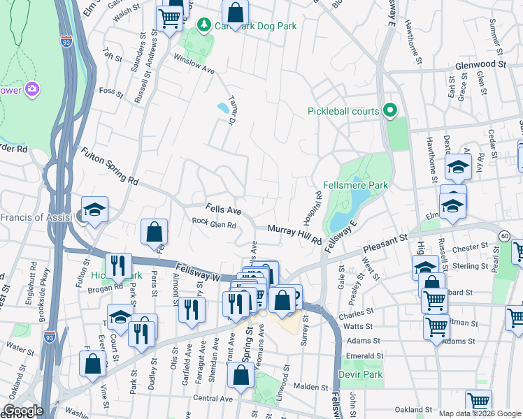 map of restaurants, bars, coffee shops, grocery stores, and more near 24 Landry Road in Medford