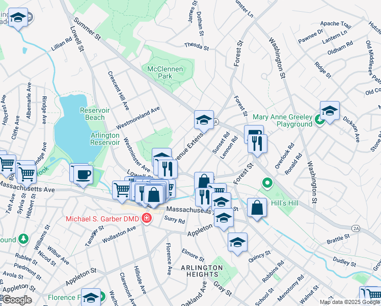 map of restaurants, bars, coffee shops, grocery stores, and more near 49 Park Avenue Extension in Arlington