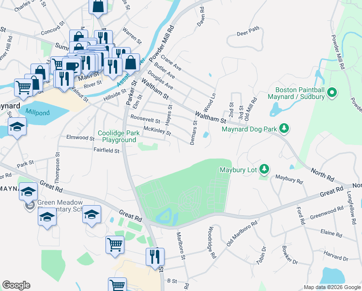 map of restaurants, bars, coffee shops, grocery stores, and more near 68 Forest Street in Maynard