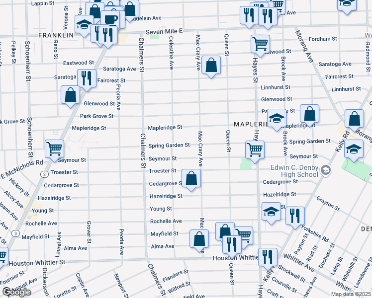 map of restaurants, bars, coffee shops, grocery stores, and more near 14677 Seymour Street in Detroit