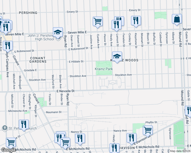 map of restaurants, bars, coffee shops, grocery stores, and more near 18090 Justine Street in Detroit