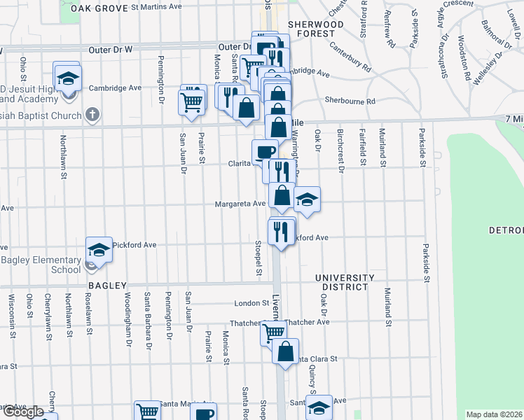 map of restaurants, bars, coffee shops, grocery stores, and more near 18488 Stoepel Street in Detroit