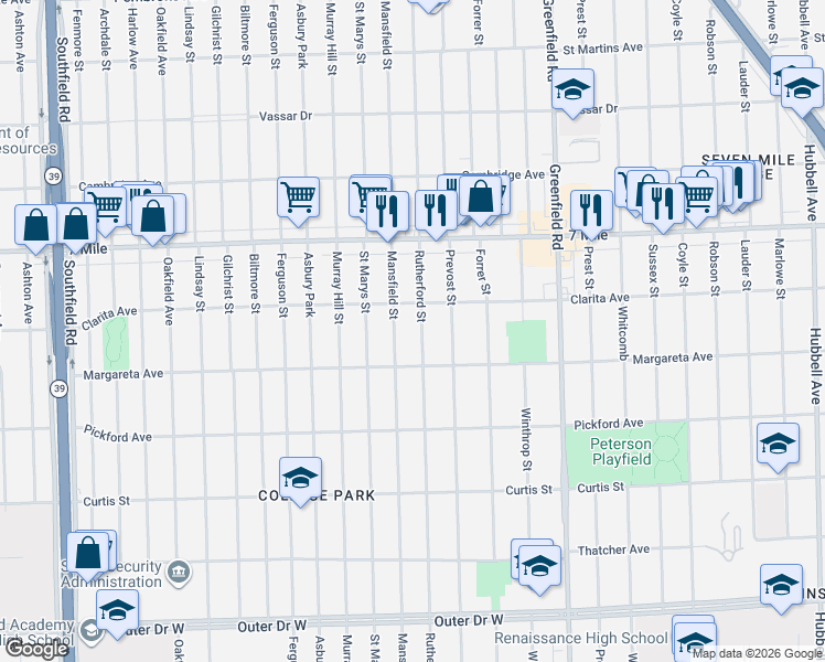 map of restaurants, bars, coffee shops, grocery stores, and more near 18650 Rutherford Street in Detroit