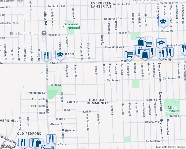 map of restaurants, bars, coffee shops, grocery stores, and more near 18967 Trinity Street in Detroit