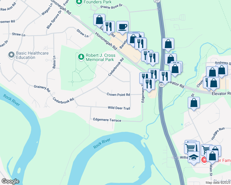 map of restaurants, bars, coffee shops, grocery stores, and more near 4803 Crown Point Road in Roscoe