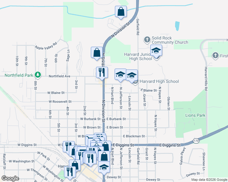map of restaurants, bars, coffee shops, grocery stores, and more near 1101 North Hart Boulevard in Harvard