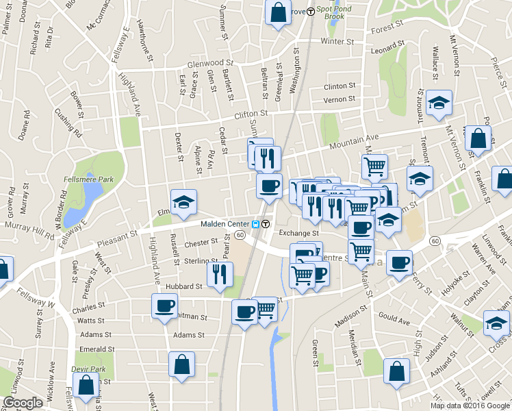 map of restaurants, bars, coffee shops, grocery stores, and more near in Malden