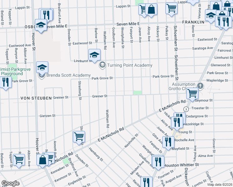 map of restaurants, bars, coffee shops, grocery stores, and more near 12801 Greiner Street in Detroit