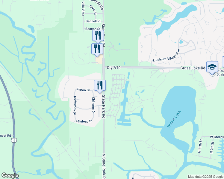 map of restaurants, bars, coffee shops, grocery stores, and more near 30 Montego Colony Street in Fox Lake