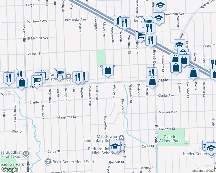 map of restaurants, bars, coffee shops, grocery stores, and more near 26341 West Seven Mile Road in Redford Charter Township
