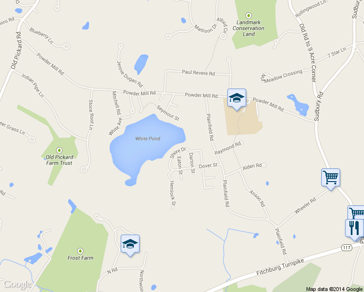 map of restaurants, bars, coffee shops, grocery stores, and more near 5B Shore Drive in Concord