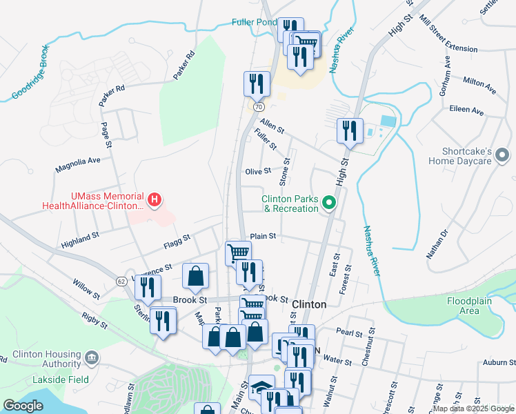 map of restaurants, bars, coffee shops, grocery stores, and more near 33 Laurel Street in Clinton
