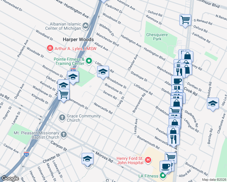 map of restaurants, bars, coffee shops, grocery stores, and more near 21420 Brierstone Street in Harper Woods