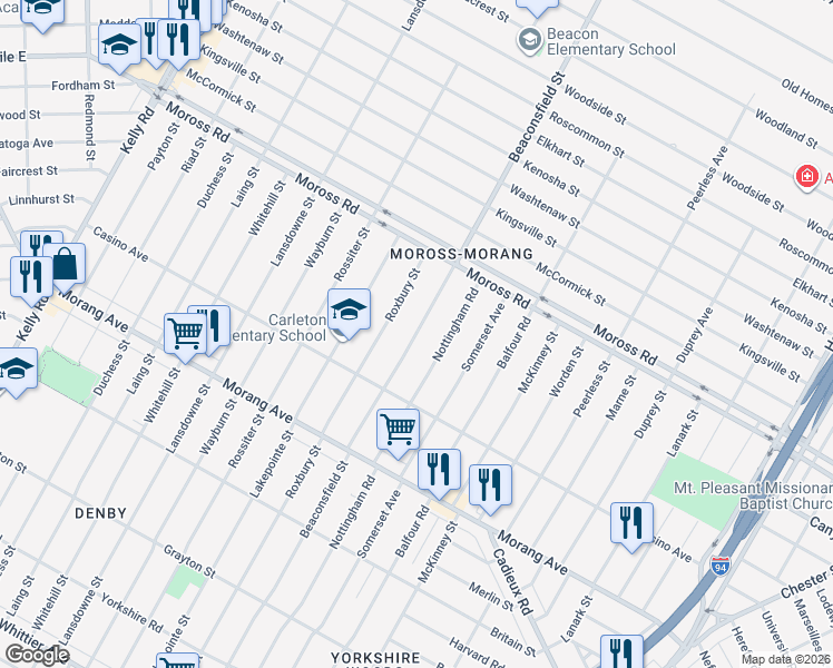 map of restaurants, bars, coffee shops, grocery stores, and more near 11635 Nottingham Road in Detroit