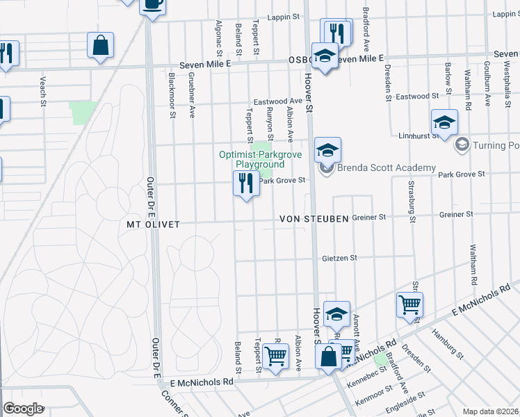 map of restaurants, bars, coffee shops, grocery stores, and more near 11391 Greiner Street in Detroit