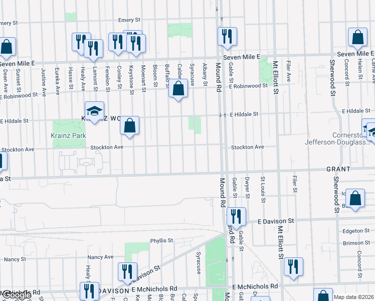 map of restaurants, bars, coffee shops, grocery stores, and more near 18085 Syracuse Street in Detroit
