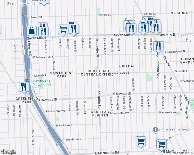 map of restaurants, bars, coffee shops, grocery stores, and more near 18162 Marx Street in Highland Park