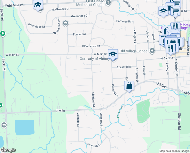 map of restaurants, bars, coffee shops, grocery stores, and more near 19666 Clement Road in Northville