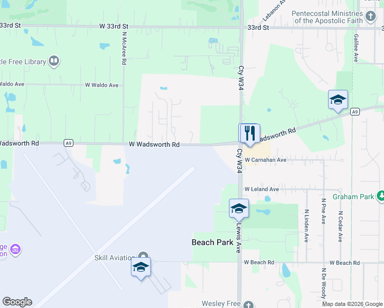 map of restaurants, bars, coffee shops, grocery stores, and more near 11670 West Wadsworth Road in Waukegan