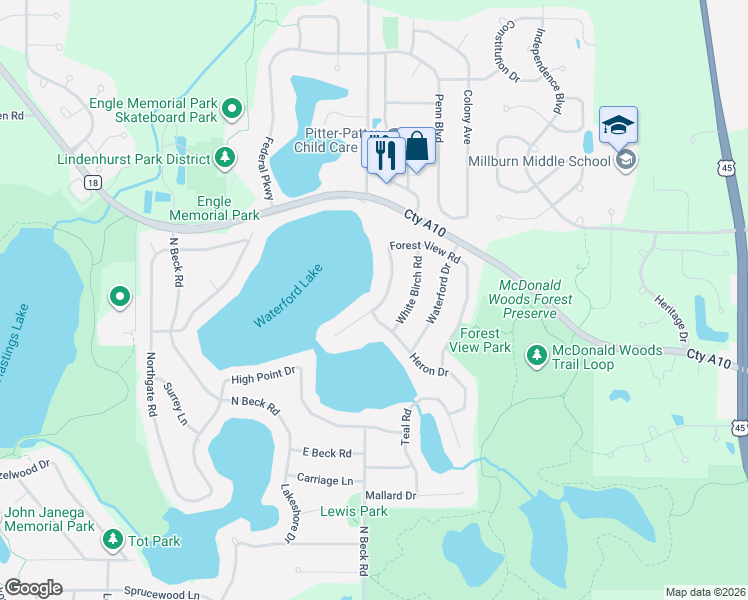 map of restaurants, bars, coffee shops, grocery stores, and more near 530 Whispering Pines Road in Lindenhurst
