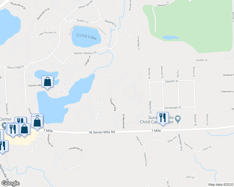 map of restaurants, bars, coffee shops, grocery stores, and more near 19661 Cardene Way in Northville