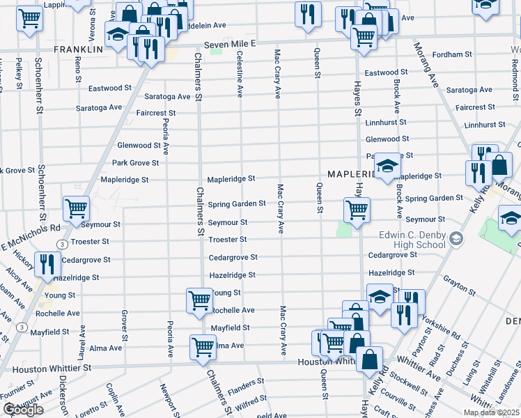 map of restaurants, bars, coffee shops, grocery stores, and more near 14677 Seymour Street in Detroit