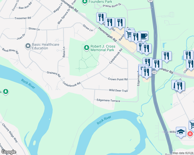 map of restaurants, bars, coffee shops, grocery stores, and more near 11401 Cedarbrook Road in Roscoe