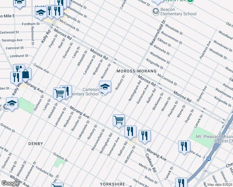 map of restaurants, bars, coffee shops, grocery stores, and more near 11800 Roxbury Street in Detroit
