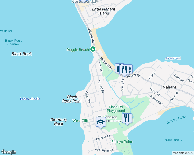 map of restaurants, bars, coffee shops, grocery stores, and more near 75 Castle Road in Nahant