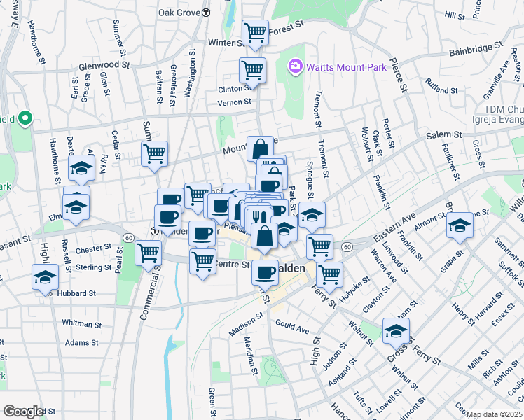 map of restaurants, bars, coffee shops, grocery stores, and more near 513 Pleasant Street in Malden