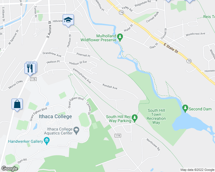 map of restaurants, bars, coffee shops, grocery stores, and more near 188 Kendall Avenue in Ithaca