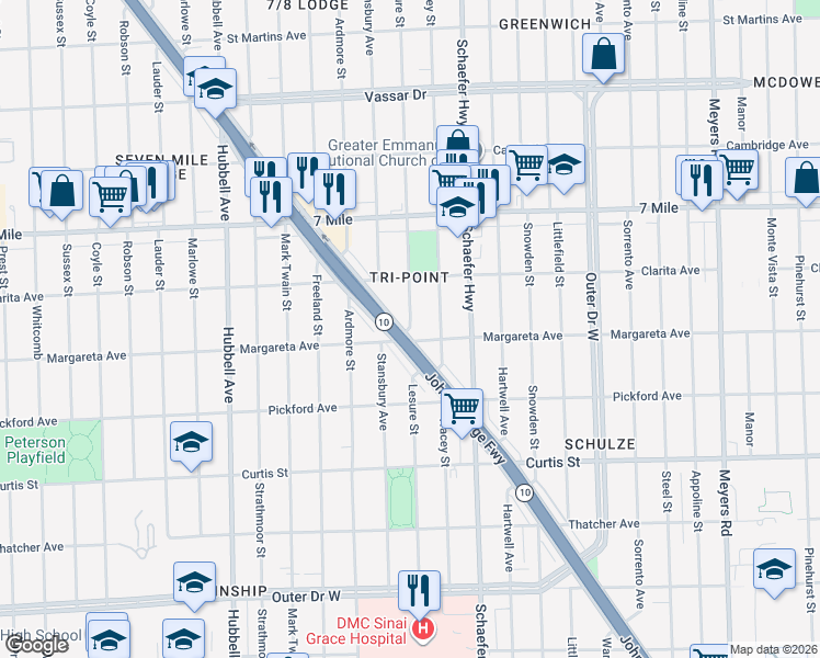 map of restaurants, bars, coffee shops, grocery stores, and more near Lesure Street in Detroit