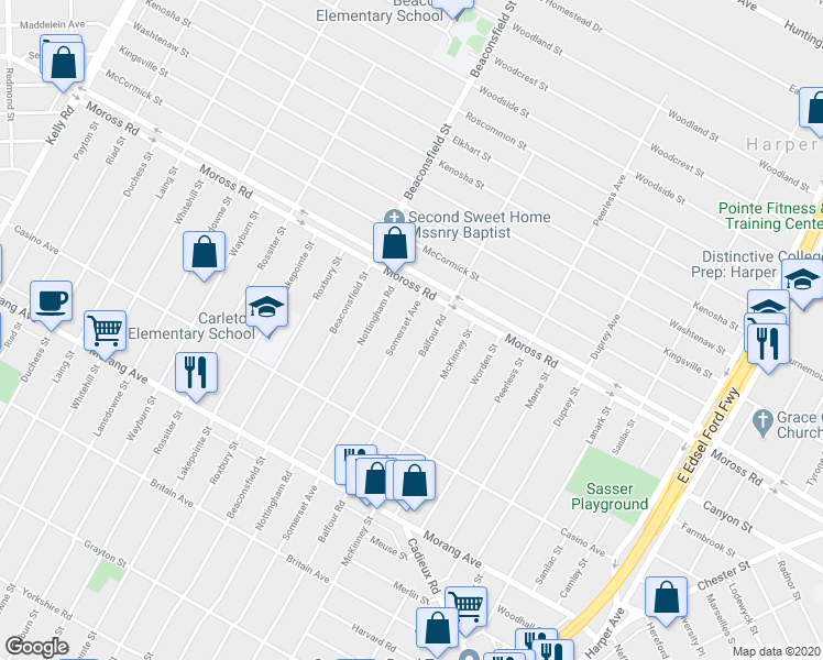 map of restaurants, bars, coffee shops, grocery stores, and more near 11606 Somerset Avenue in Detroit