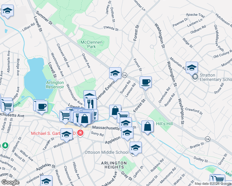 map of restaurants, bars, coffee shops, grocery stores, and more near 46 Sunset Road in Arlington