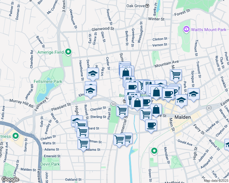 map of restaurants, bars, coffee shops, grocery stores, and more near 15 Cedar Street in Malden