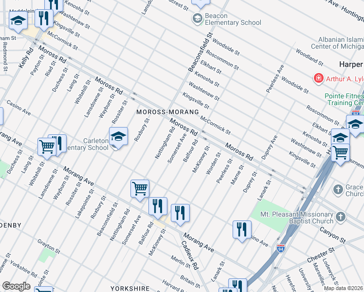 map of restaurants, bars, coffee shops, grocery stores, and more near 11606 Somerset Avenue in Detroit