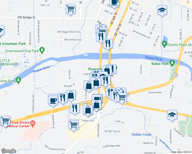 map of restaurants, bars, coffee shops, grocery stores, and more near W Park St & Lewis Ave in Grants Pass