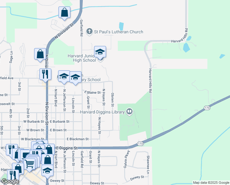 map of restaurants, bars, coffee shops, grocery stores, and more near 1101 O Brien Street in Harvard