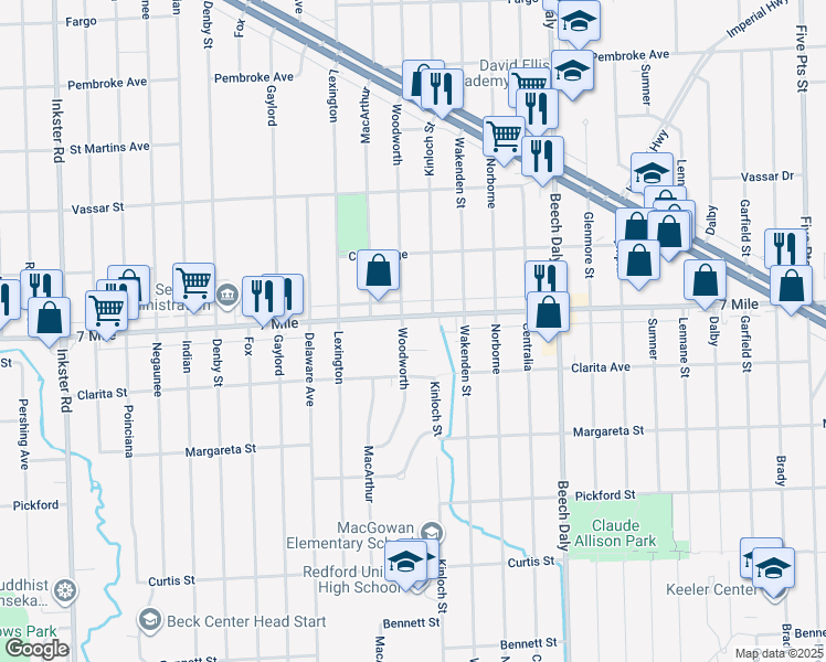map of restaurants, bars, coffee shops, grocery stores, and more near 26235 7 Mile in Wayne County