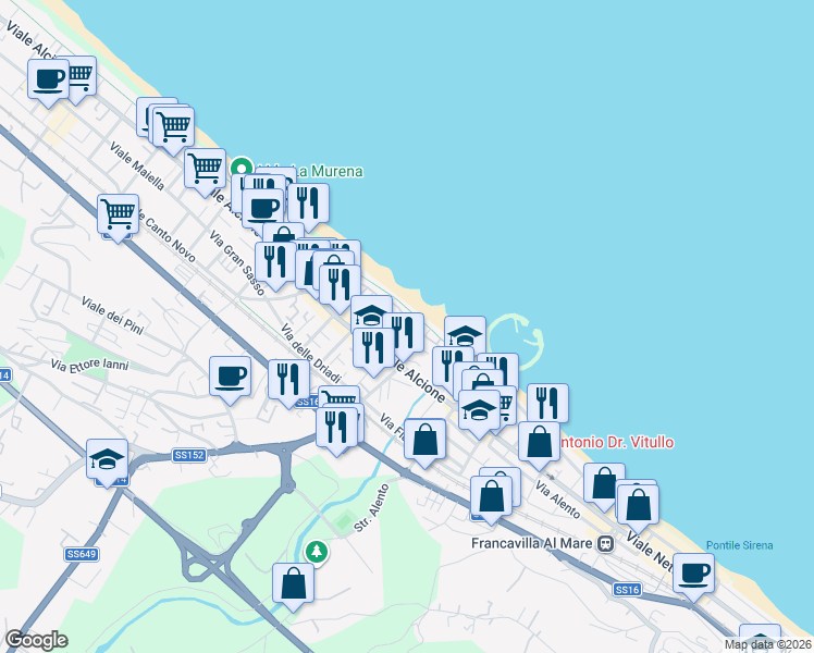 map of restaurants, bars, coffee shops, grocery stores, and more near 6 Via Figlia di Iorio in Francavilla al Mare
