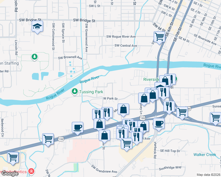 map of restaurants, bars, coffee shops, grocery stores, and more near 1225 River Lane in Grants Pass