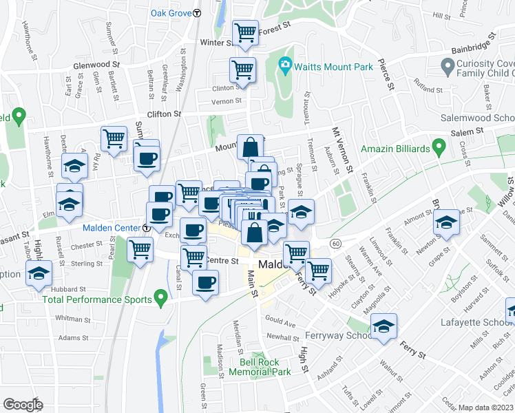 map of restaurants, bars, coffee shops, grocery stores, and more near 490 Main Street in Malden