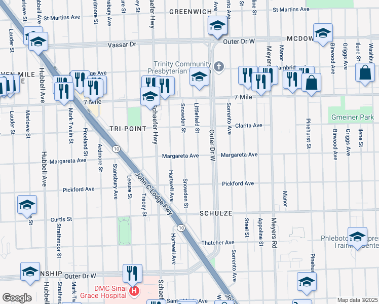 map of restaurants, bars, coffee shops, grocery stores, and more near 18517 Snowden Street in Detroit